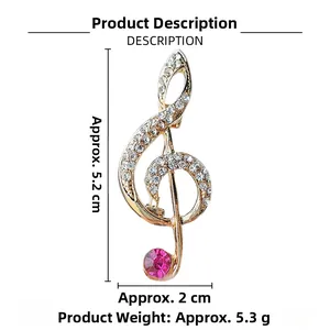 Detailed view of musical note brooch with gold treble clef design and purple rhinestone