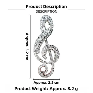 Detail view of silver treble clef brooch with rhinestones showing 5.2cm height and 2.2cm width