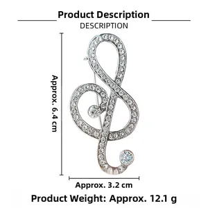 Detailed size view of silver treble clef brooch with white rhinestones and measurements