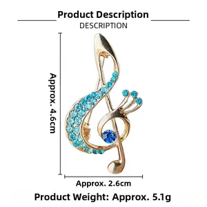 Detailed view of gold treble clef music note brooch with blue rhinestones and dimensions