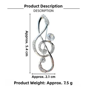Detailed size specifications of a silver treble clef brooch with shimmering rhinestones
