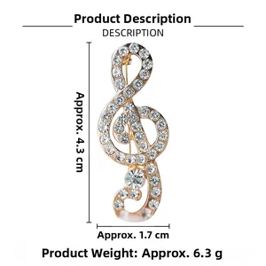 Detail view of crystal musical note brooch with 4.3cm height and 6.3g weight dimensions