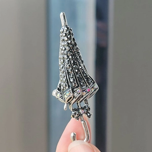 Vintage silver umbrella brooch with black rhinestones and crystal bow accessory