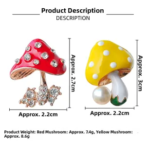 Detail of mushroom brooches with red rhinestones and yellow enamel with white pearl accent