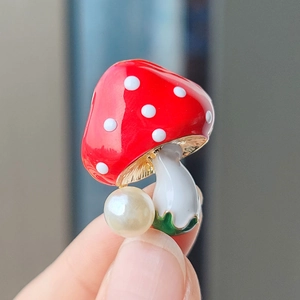 Cute red mushroom enamel brooch with white spots and a round pearl charm accessory