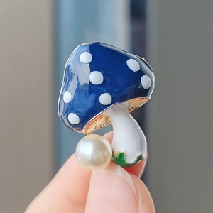 Cartoon blue mushroom brooch with white dots and hanging pearl charm for women