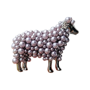 Vintage cute sheep brooch with light purple pearls and silver metal for women