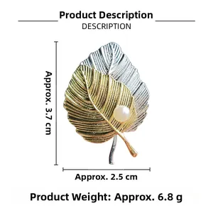 Detailed view of bicolor ginkgo leaf brooch dimensions with pearls and size measurements