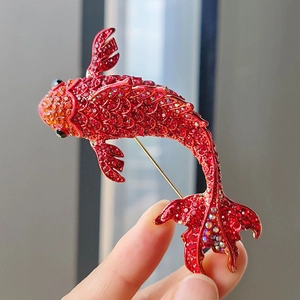 Chinese Style Red Koi Fish Alloy Brooch Sparkling Rhinestone Animal Lapel Pin For Women Men Suit Coat Jewelry Gift