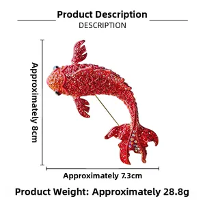 Detail showing red koi fish brooch dimensions of 8cm by 7.3cm and 28.8g weight