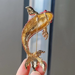 Elegant Chinese style red koi fish brooch with golden metal finish and pin fastener detail
