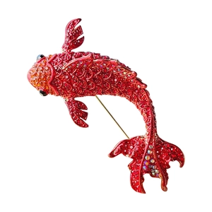 Elegant Chinese-style red koi fish brooch with gradient crystals and gold-plated finish