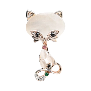 Elegant silver fox brooch with opal stones and sparkling colorful rhinestones