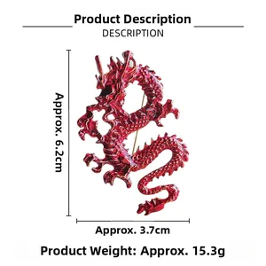Detail view of red enamel Chinese dragon brooch with dimensions 6.2cm by 3.7cm and 15.3g weight