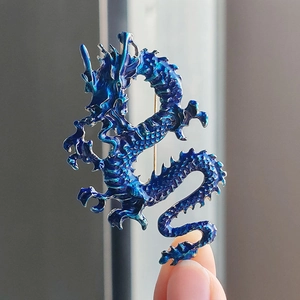Enameled Chinese dragon brooch in blue gradient finish, traditional animal accessory