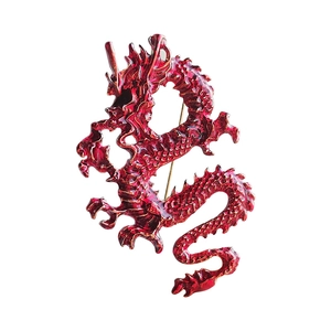 Red enamel Chinese dragon brooch with gold-tone alloy scales for men and women