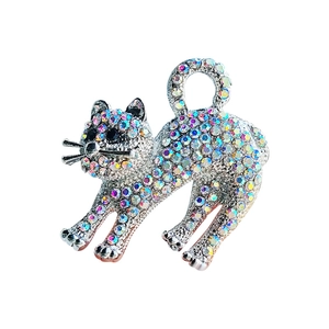 Elegant cat brooch featuring multi-color AB rhinestones on a silver alloy base for women