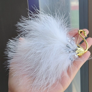 Detail of elegant swan brooch featuring soft white feathers and golden neck with pearls