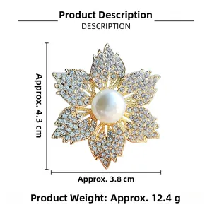 Dimensions et poids détaillés de la broche fleur avec strass et perle blanche