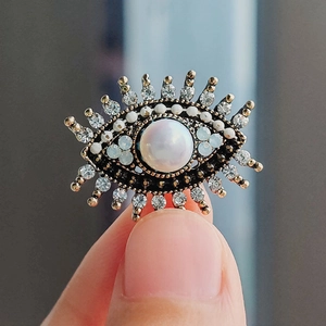 Vintage evil eye brooch with freshwater pearl and sparkling rhinestones for coats