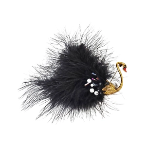 Elegant vintage swan brooch with black feathers, gold metal neck and white pearls