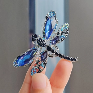 Elegante spilla a libellula con cristalli blu e ali argentate tenuta in mano