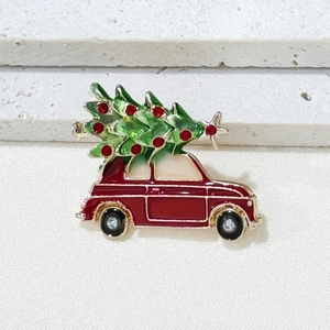 Christmas tree on red vintage car brooch pin with crystals and enamel finish