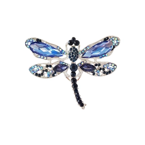 Spilla vintage a libellula con cristalli blu e viola scintillanti su lega d'argento