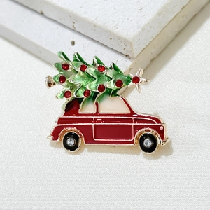 Christmas tree on red car brooch with rhinestones festive holiday pin accessory