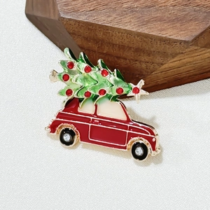Christmas tree on red car enamel brooch with rhinestones in festive gold plating