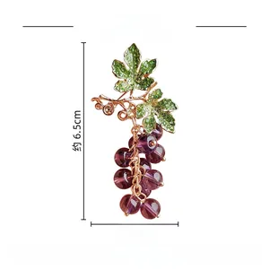 Detailed size specifications for grape brooch with purple beads and green leaves