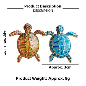 Detailed view of colorful turtle brooches with crystal rhinestones and dimensions