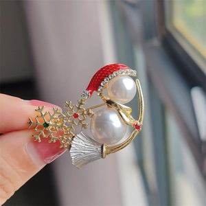 Christmas snowman brooch with pearls, red enamel hat and gold snowflake pin for sweaters