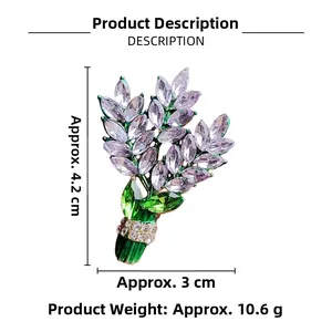 Detailed view of purple crystal lavender brooch showing dimensions 4.2cm x 3cm and 10.6g weight