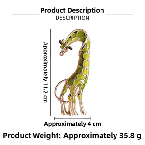 Detail view of giraffe brooch with enamel pattern and dimensions 11.2cm x 4cm