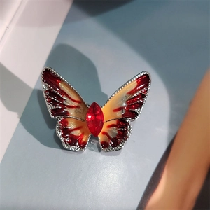 Macro-opname van een geëmailleerde vlinderbroche met rode steen en kristallen