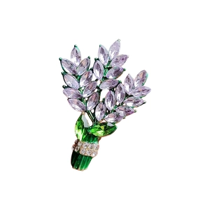 Elegant purple lavender crystal bouquet brooch with gold plating and sparkling rhinestones