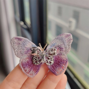Exquisite butterfly embroidery brooch with purple gradient wings and silver metal pin