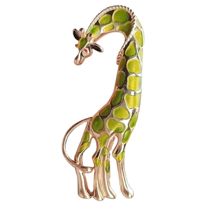 Golden alloy giraffe brooch with colorful enamel spots on a clean white background