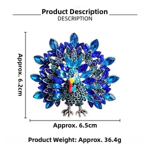 Detail view of peacock brooch with blue rhinestones and dimensions 6.5cm by 6.2cm