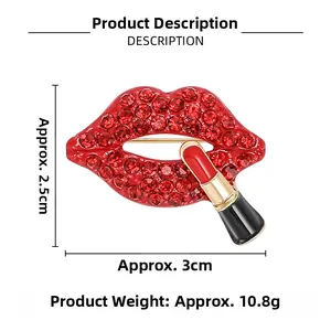 Detailed view of red rhinestone lips and lipstick brooch with precise dimensions