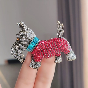 Macro shot of dog brooch featuring sparkling red and white rhinestones on silver metal