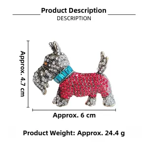 Detailed spec sheet showing a 4.7x6cm Scottish Terrier brooch with multi-color rhinestones