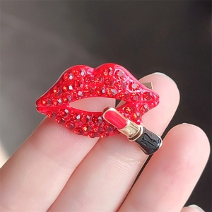 Fashion red rhinestone lips brooch featuring a delicate mini lipstick charm and gold accents