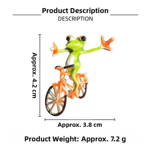 Detailed view showing dimensions and weight of a funny frog on bicycle enamel brooch