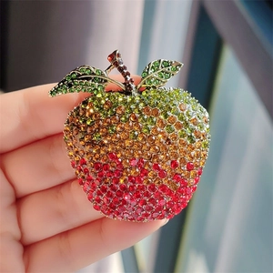 Vintage red and green apple brooch with sparkling rhinestones and crystal leaf detail