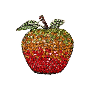 Vintage style apple brooch with colorful gradient pavé crystals and green leaf details