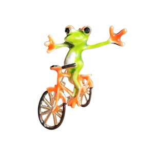 Whimsical green frog riding bicycle enamel brooch pin for suits and coats