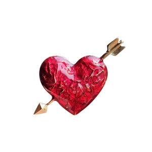 Romantic gold heart brooch with red enamel and marble texture in cupid arrow design