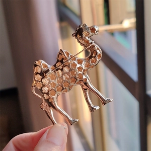 Close-up of golden hollow camel brooch with intricate floral patterns and back pin detail